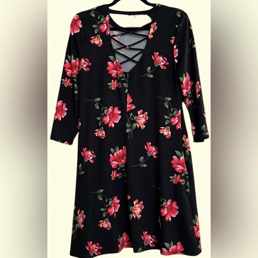BYE & BYE Black/Dark Pink/Hot Pink/Green Floral Long Sleeve Dress, Medium, GUC. - Picture 10 of 10